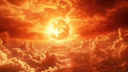 Dramatic sunset sky filled with billowing clouds illuminated in vibrant shades of orange,