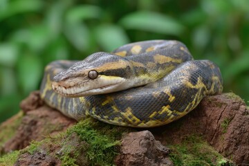 Obraz premium Coiled Python Close-up on Mossy Wood in Lush Greenery