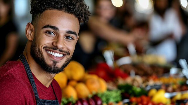 Smiling man poses in front of table with various food items at an indoor food market.