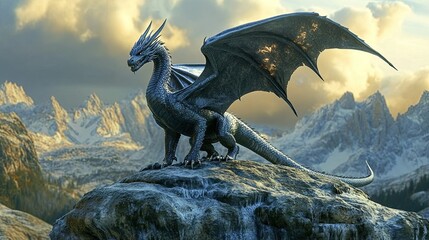 Obraz premium A fierce, winged dragon with sharp claws and spiky scales stands atop a rocky outcrop,