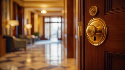 Obraz premium Golden Door Handle in Luxurious Hotel Lobby