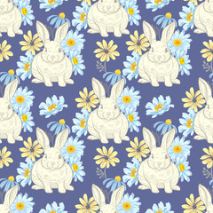 Rabbit with floral hand drawing seamless pattern vector illustration design.
