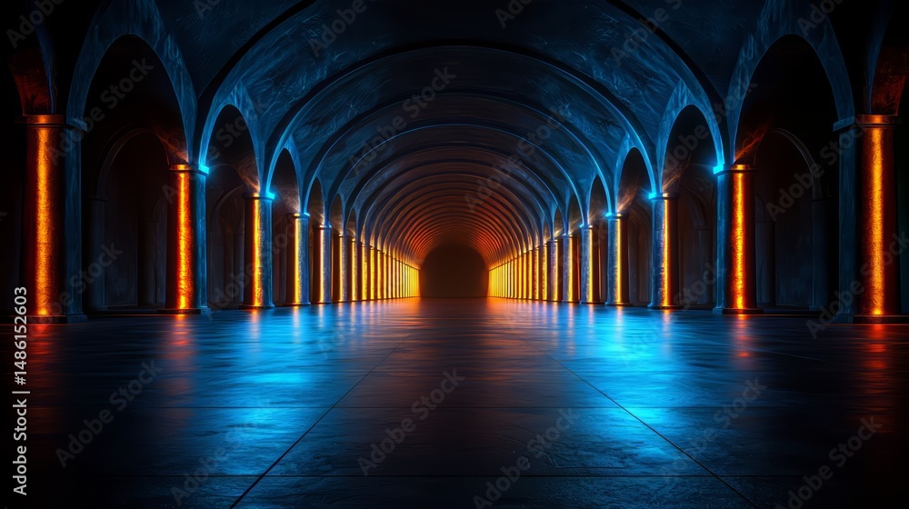 Aufkleber long, dark tunnel with orange lights on the walls. the tunnel is empty and the lights are on, creati