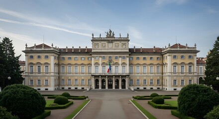 Obraz premium Facade of a Classical European Palace with Formal Garden