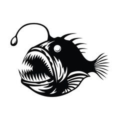 Anglerfish Silhouette With Sharp Teeth and Bioluminescent Lure on Isolated White Background