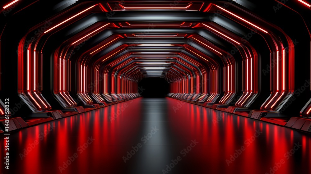 Aufkleber Long, dark tunnel with red lights shining from the ceiling. The tunnel is empty and the lights are on, creating a sense of emptiness and isolation. The red lights give the tunnel a futuristic
