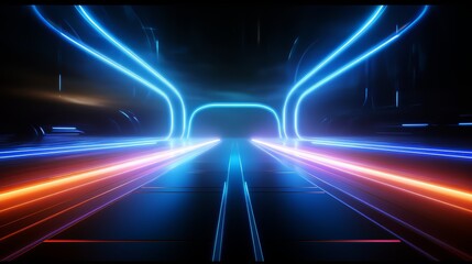 Long, dark tunnel with neon lights. The tunnel is empty and the lights are bright. The tunnel is long and narrow, with a bright blue and orange glow