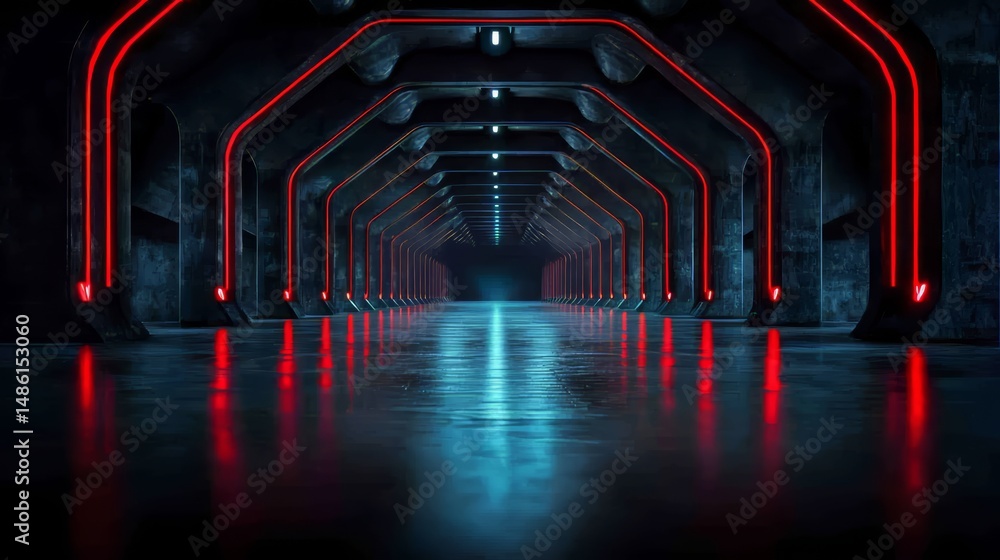 Poster long, dark tunnel with red lights on the ceiling. the tunnel is empty and the lights are glowing