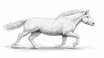 Fototapeta premium A grayscale drawing of a horse galloping to the right with detailed fur texture