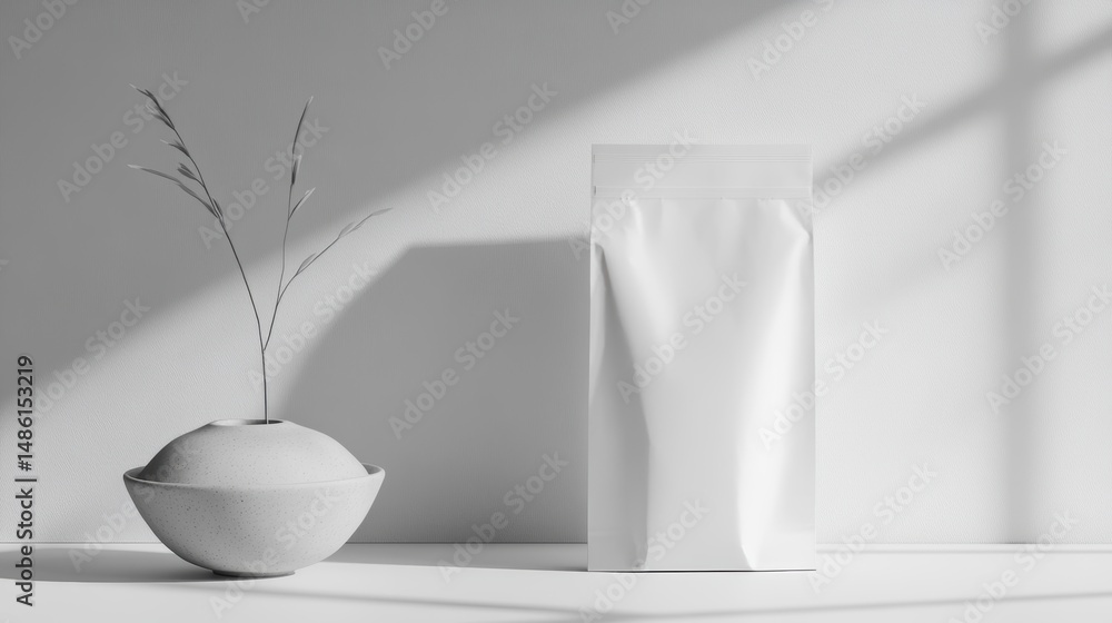 Poster minimalist mockup of blank white stand-up pouch bag next to a vase with dry plants on white backgrou