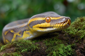 Obraz premium Snake Resting on Mossy Branch Detailed Wildlife Portrait