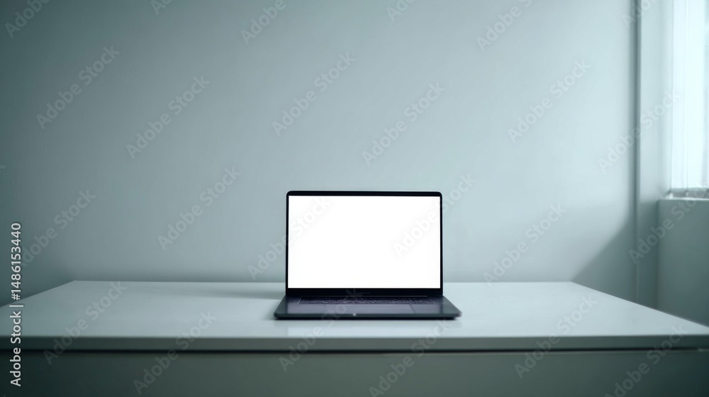 Fototapete a blank laptop screen is displayed on a clean white desk, complemented by a soft light blue gradient