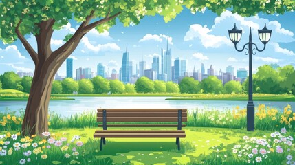 Park scene with city view. Lush greenery surrounds a park bench overlooking a tranquil lake and a distant cityscape. Sunny day