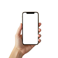 "Hand Holding Smartphone with Blank Screen. Isolated Modern Mobile Phone Display Mockup on Transparent Background. Generative AI