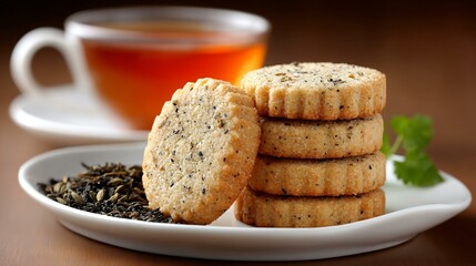 A presentation of chai-spiced tea cookies with flecks of cardamom and cloves, styled on a white ceramic platter with loose tea leaves and a cup of chai tea in soft focus behind