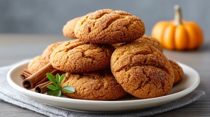 A selection of gluten-free pumpkin spice cookies with oats and warm spices, styled on a white plate with a small pumpkin and cinnamon sticks for seasonal autumn vibes