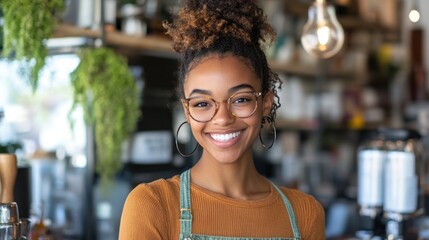 Young woman barista smiles