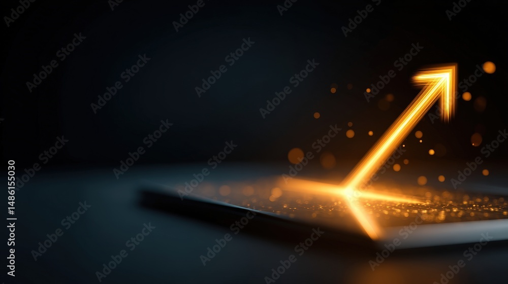 Poster Laptop computer displaying a glowing arrow pointing upward symbolizing growth and innovation in technology