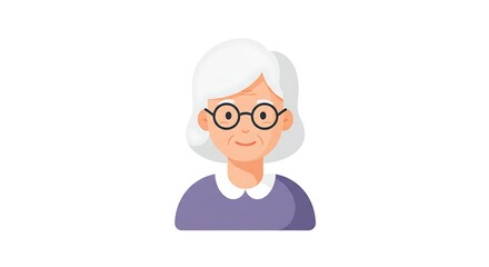 Vector icon of lady with white hair and glasses, white background.