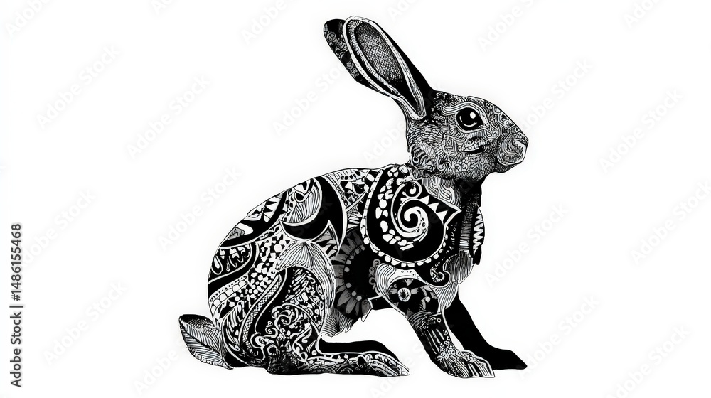 Poster Intricate zen-doodle rabbit design featuring complex patterns and whimsical elements perfect for art lovers and enthusiasts