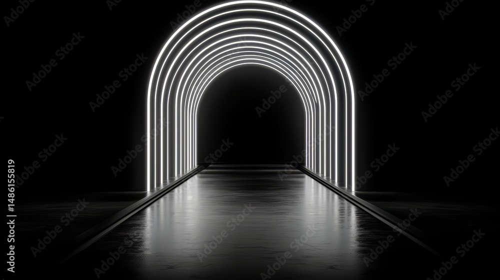 Poster Long, narrow tunnel with a black background and white lights. The tunnel is lit up and he is a part of a futuristic or sci-fi setting