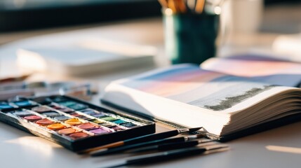 Colorful watercolor palette and brushes on a table with open sketchbook in a bright studio