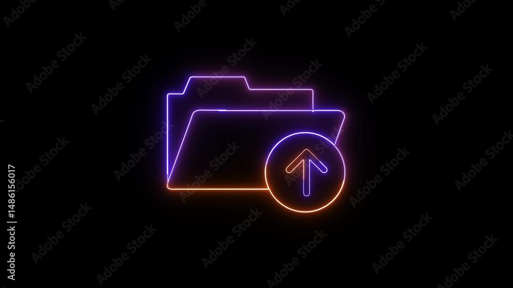 Poster folder and upload symbol glowing for digital data transfer. neon illustration of a folder and upload