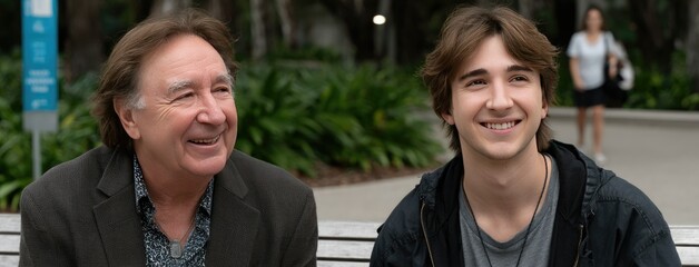 Happy moments shared by a father and son sitting on a bench together in a lush tropical garden during a sunny day