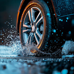 Car tire splashes through water, creating dynamic droplets