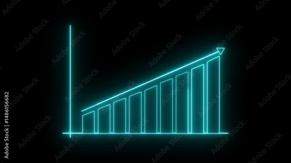 Poster rising bar chart showing growth and financial progress. animated neon style rising bar chart on blac