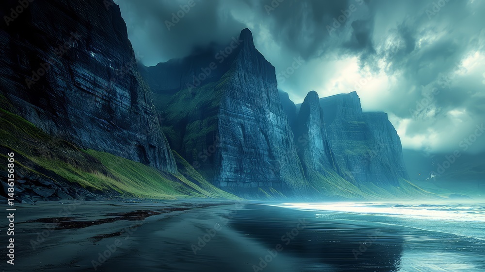 Poster mountain range with a beach in the foreground. the sky is cloudy and the water is calm