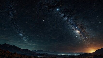 Naklejka premium Panoramic view of Night sky glows with stars and mistic planets