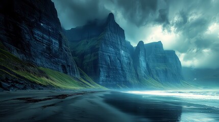 Mountain range with a beach in the foreground. The sky is cloudy and the water is calm