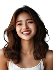 Joyful asian woman smiling portrait studio photography bright light