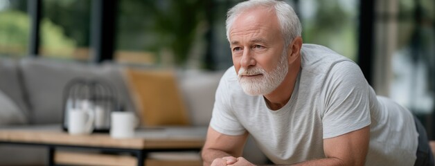 Older man performs push-ups in his living room, showcasing fitness and dedication to health in a sunlit environment