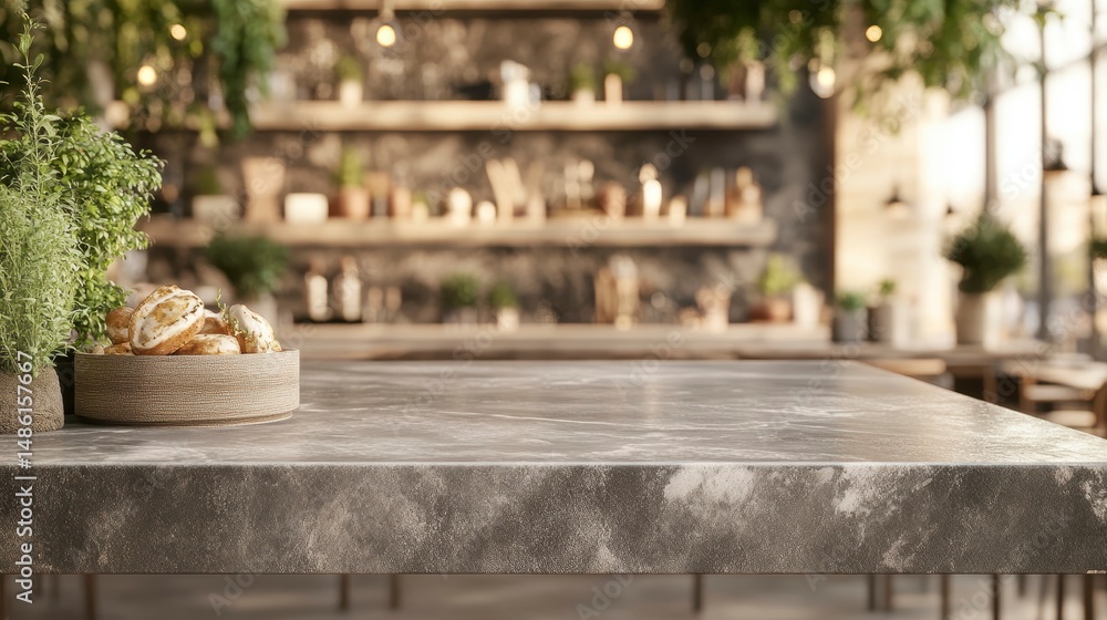 Poster empty marble countertop in a cafe with blurred background.