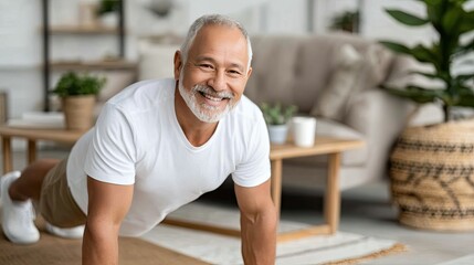Older man performs push-ups in his living room, showcasing fitness and dedication to health in a sunlit environment