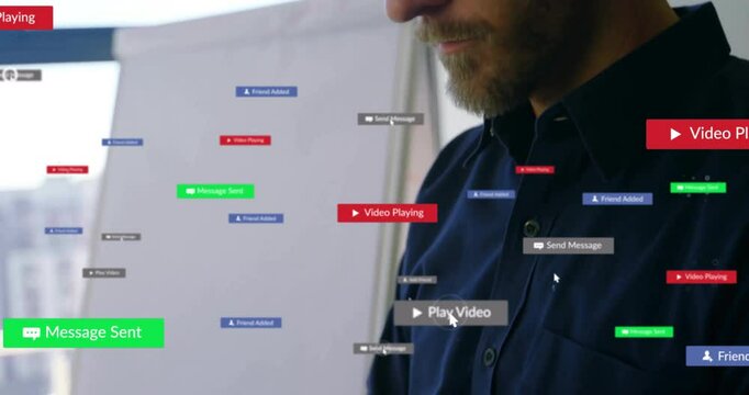 Man monitoring business flow, with red play icons, green chat bubbles, blue friend badges floating