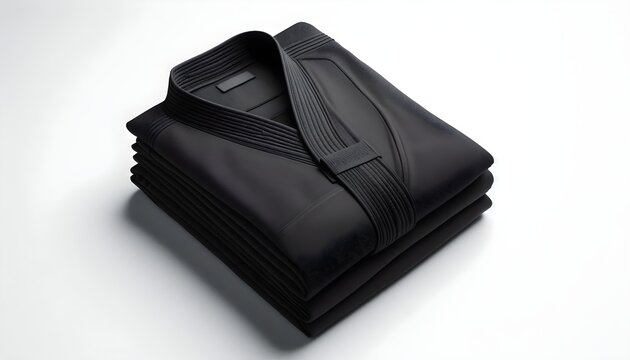 Unbranded pencak silat martial arts attire folded on white background, showcasing fabric texture and clean minimalist presentation