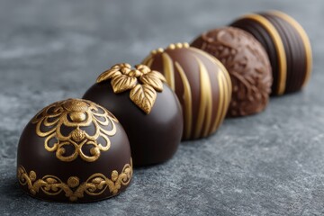 Obraz premium Elegant Chocolate Truffles with Golden Decorations on Stone