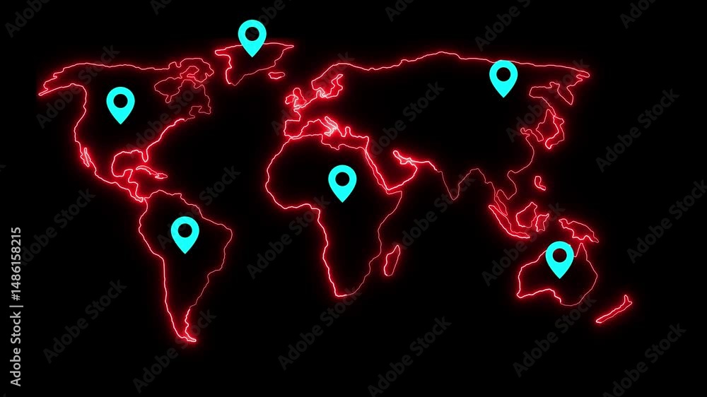 Poster global connectivity shown with world map and location pins. animated neon world map with location pi