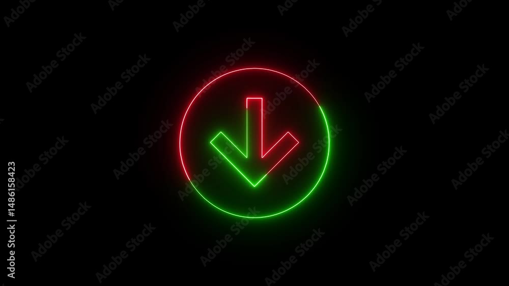 Poster green and red glowing down arrow rotating in loop. animated neon down arrow glowing green and red in