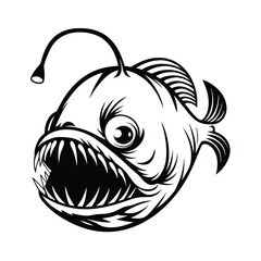 Anglerfish with Sharp Teeth, Bioluminescent Lure, & Stylized Fin