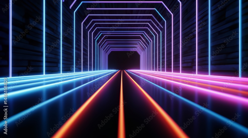 Poster neon tunnel with neon lights. the tunnel is dark and the lights are bright and colorful. the tunnel 