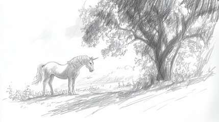 A lone unicorn stands near a tree in a grayscale landscape