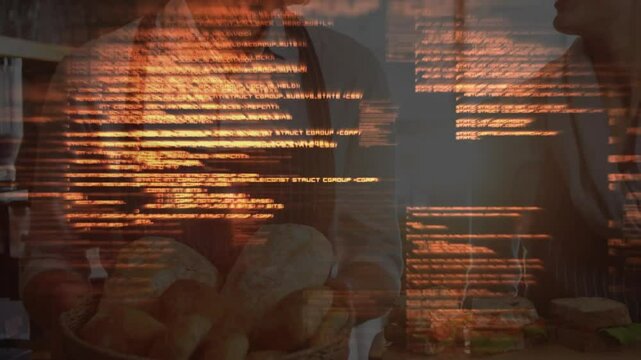 Man and woman slicing bread behind bakery counter, showing translucent orange code fragments