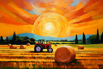Painting style image of farm landscape in rural Ireland in summertime featuring bales of hay in freshly cut field with farmer in tractor visible against backdrop of setting sun