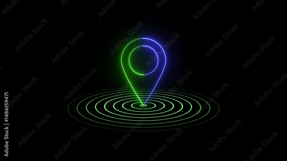 Poster location pin over concentric circles for navigation. glowing neon location pin symbol over concentri