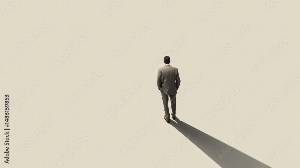 Poster businessman in suit standing in the center of a modern room surrounded by data visualization represe