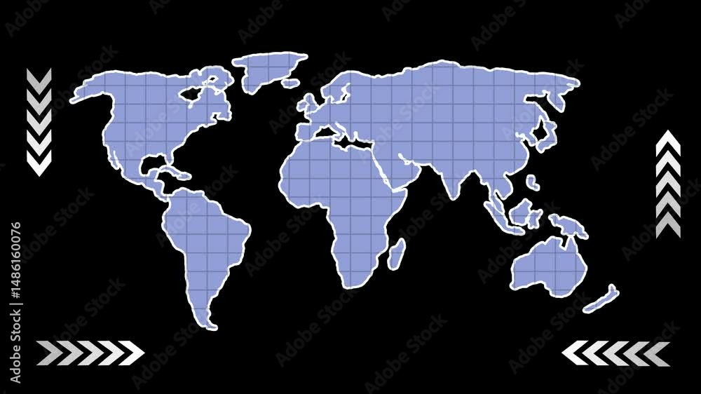 Poster world map with grid and arrows for global direction. animated world map with grid and directional ar